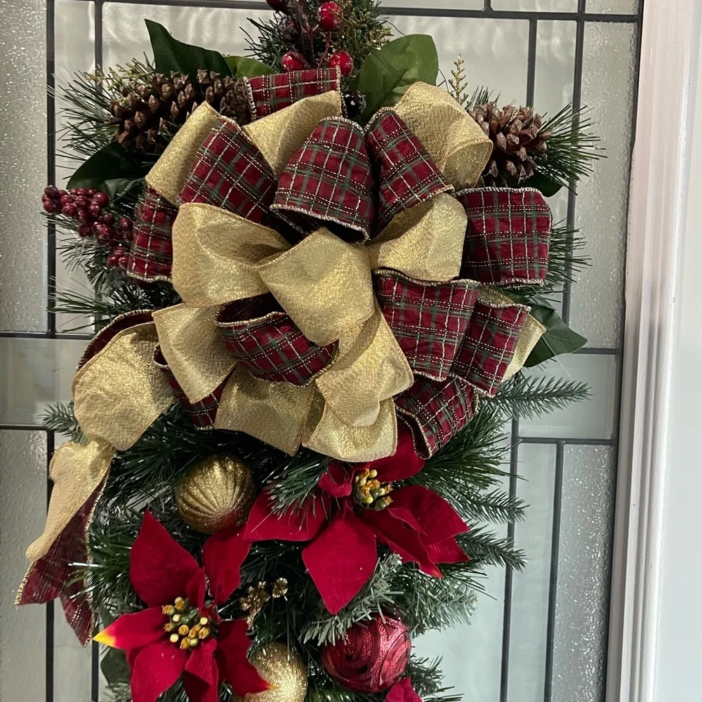 **Burgundy Poinsettia Christmas Teardrop Swag Wreath Front door